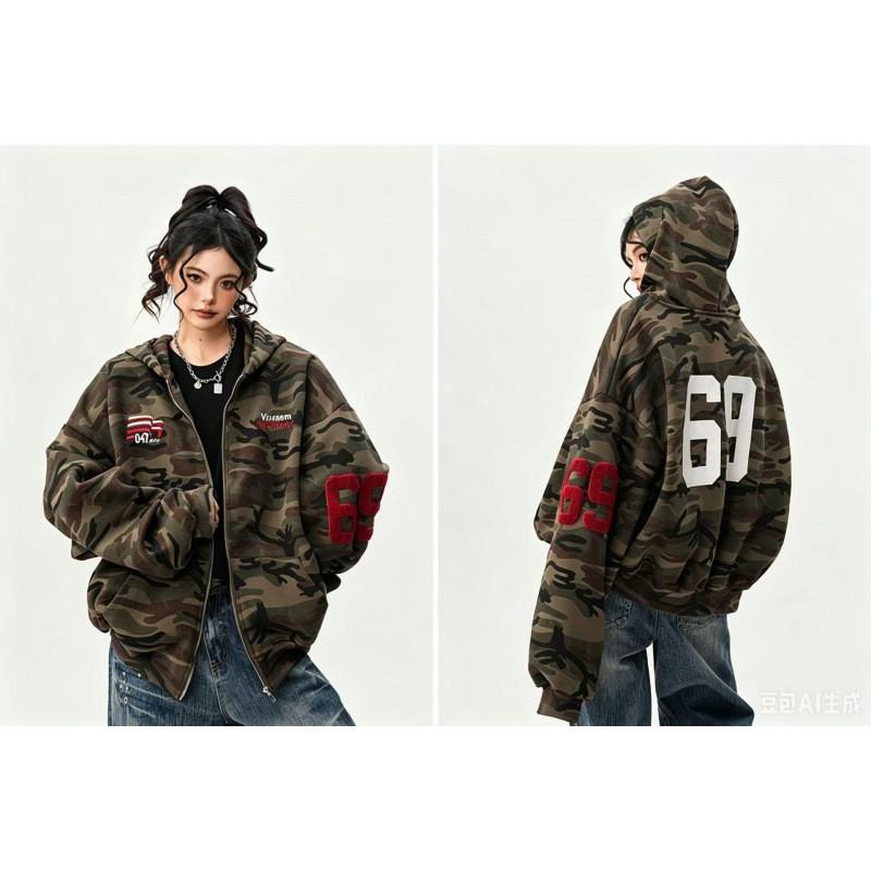 Y2K Camo Print Zip Hoodie Couples Streetwear Loose Fit Long Sleeve Casual