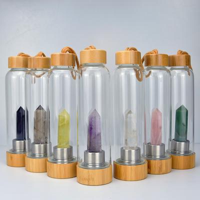 Crystal Stone Energy Pillar Glass Water Cup Bamboo Cap Natural Crystal Set Glass Cup