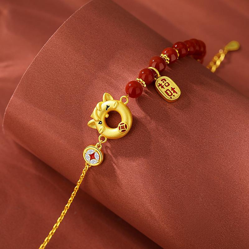 Cute S925 Silver Horse Zodiac Bracelet with Red Agate for Women S925 Silver