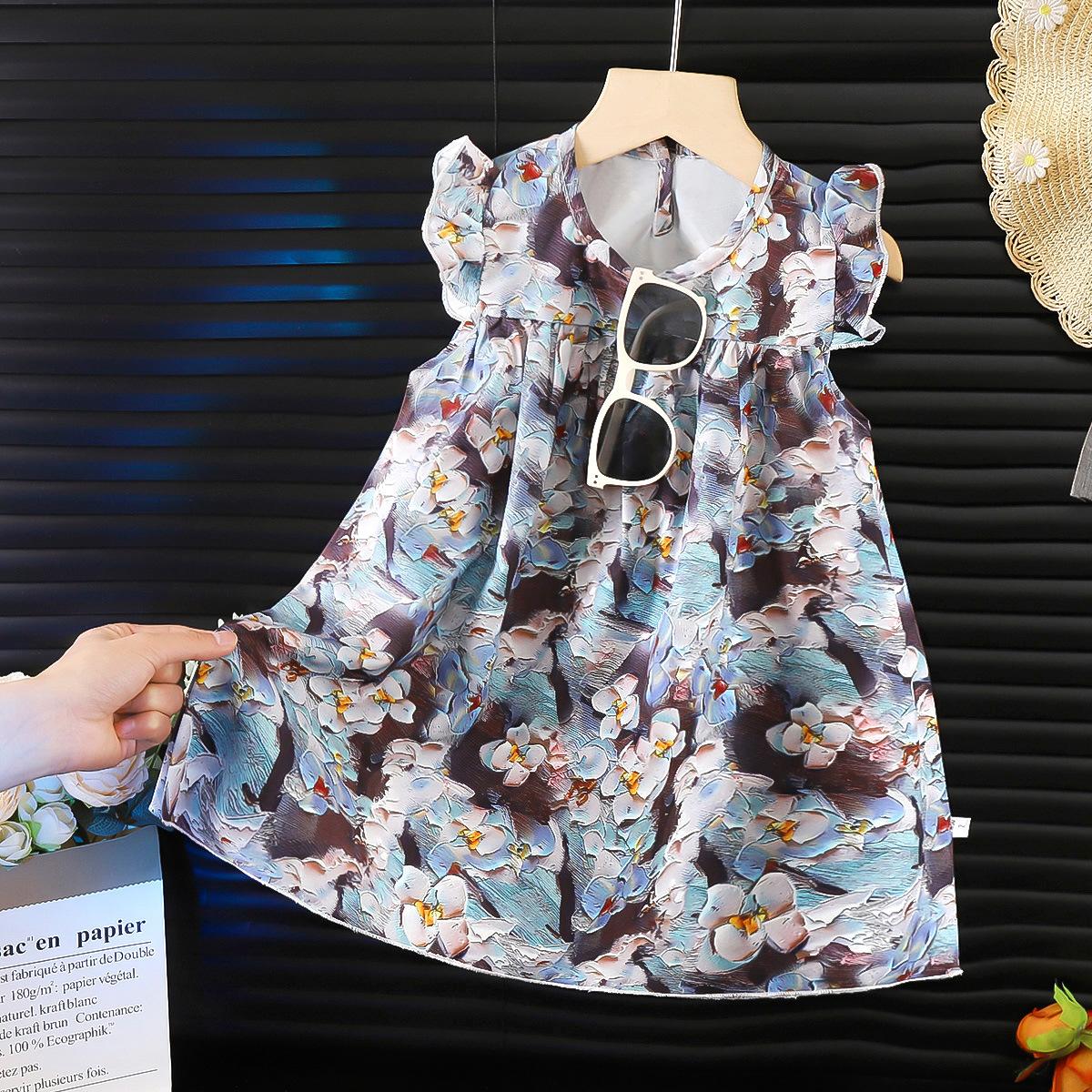 

Летняя одежда для девочек 2025 новый стиль платье-жилет, шифоновое платье с цветочным принтом для девочек, детское платье 100cm зелёный