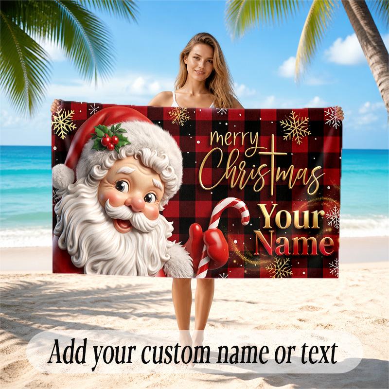 Christmas Theme Quick Dry Beach Towel Custom Name Text Print Large Sand Resistant Towel Beach Vacation