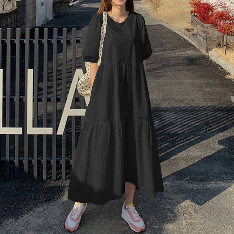 Spring Summer Elegant Women's Solid Dress Sundress Casual Short Sleeve Female O-Neck Robe Femme Oversized
