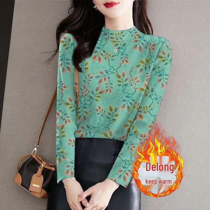 

Women s Ribbed Fleece Floral Print Base Layer Top - Half-High Neck, Long Sleeve, Fashion T-shirt for Autumn/Winter 3XL [135-150 lbs]