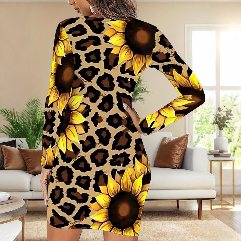 2025 Outono e Inverno Novo Estampa Floral 3D e Tingimento Moda Feminina Manga Longa Gola Redonda Vestido Envolvente de Quadril Dia dos Namorados Limitado