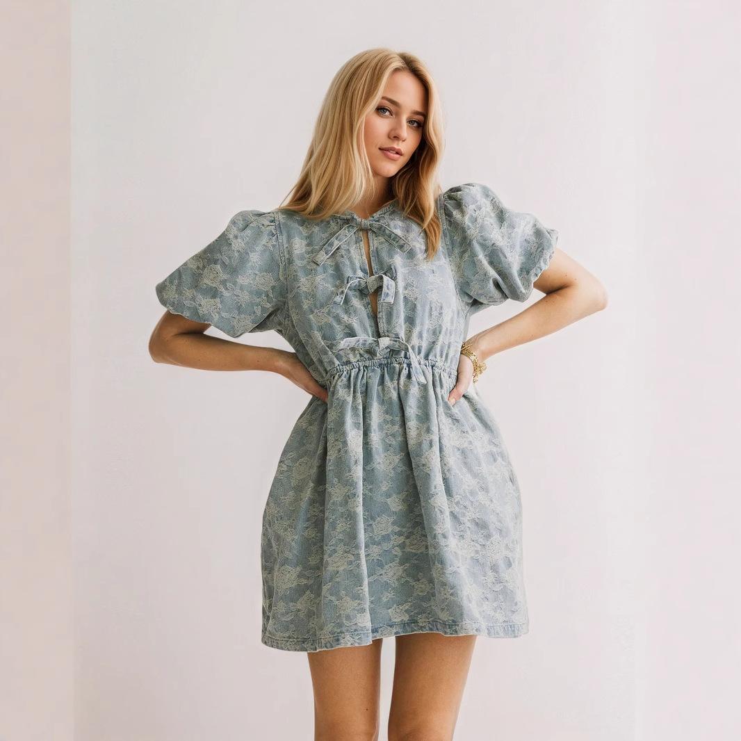 Elegant and fashionable sweet denim blue puff sleeve design, blue floral drawstring European and American women s denim dress us/eu size s