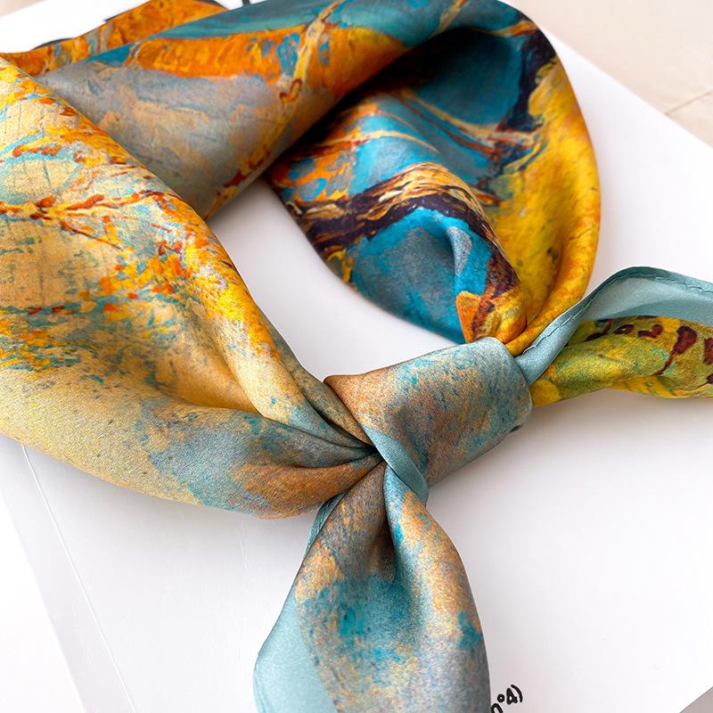 Mulberry Silk Scarf Small Square Scarf Women's Spring and Autumn Thin Versatile Silk Scarf Green Oil Painting Series Korean Small Scarf