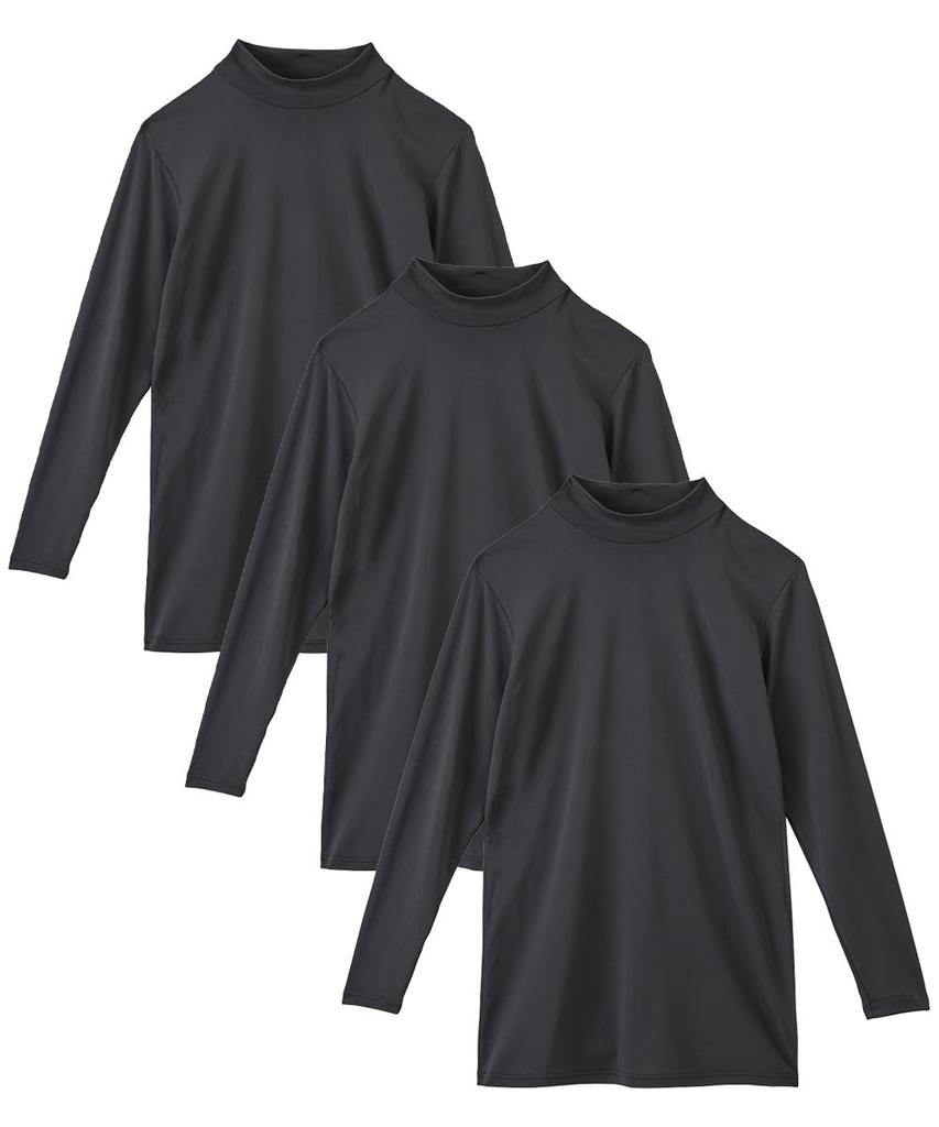 Nissen Inner Warm Size for Autumn and Winter Shirts, Fleece-Lined, High-Neck, Long-Sleeve, 3-Pack, Black, L,
