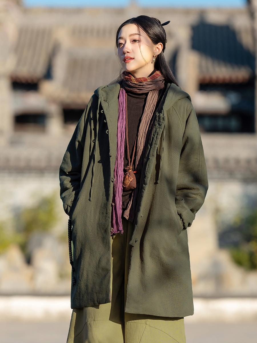 

Johnature Женские винтажные пальто с капюшоном на пуговицах в китайском стиле, зимние однотонные пальто с длинным рукавом One Size темно-зеленого