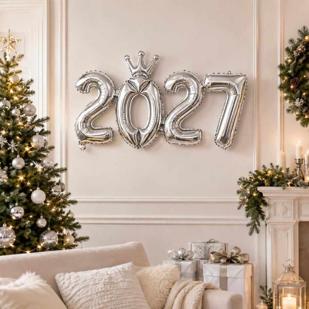 2027 Aluminiumfolien-Zahlenballon verbunden Neue-Jahr-Dekoration, Krone/Basis-Stil für Weihnachtsfeier Foto-Hintergrund