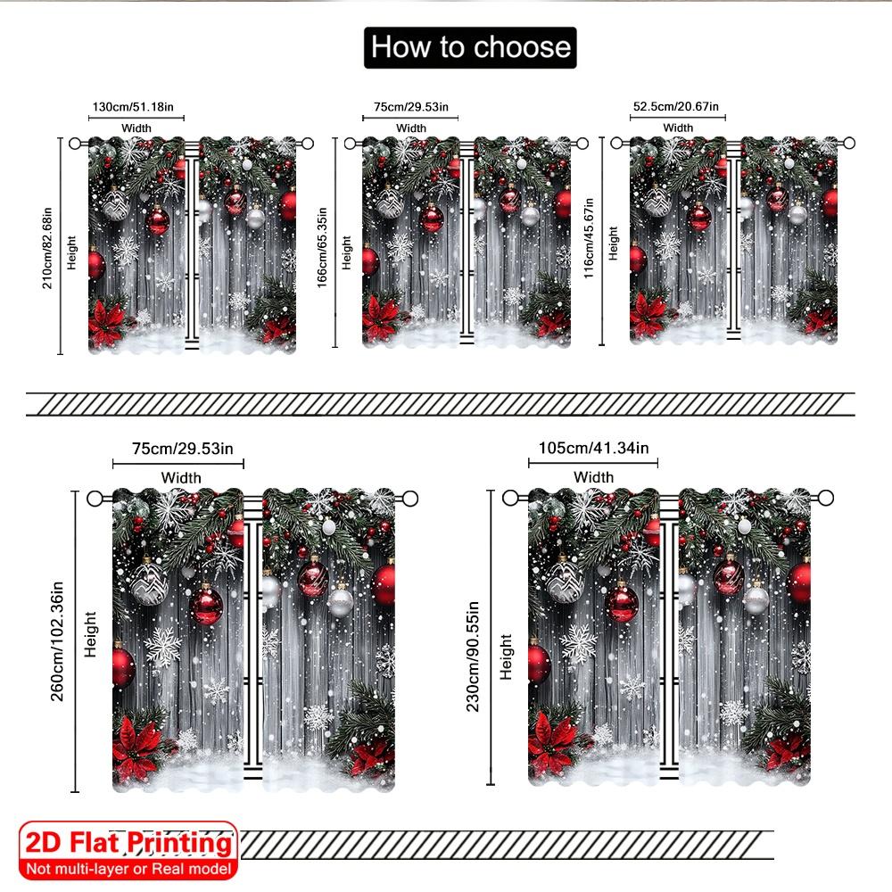 2D Flat Printing 2pcs Merry Christmas Curtain With Snowflakes_ Red Balls and Green Plants Versatile Fabric Without Electricity