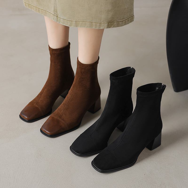 Krazing Pot Microfiber Flock Square Toe Winter Thick High Heels Fashion Boots Women Size 42 Elegant Patch Work Ankle Boots