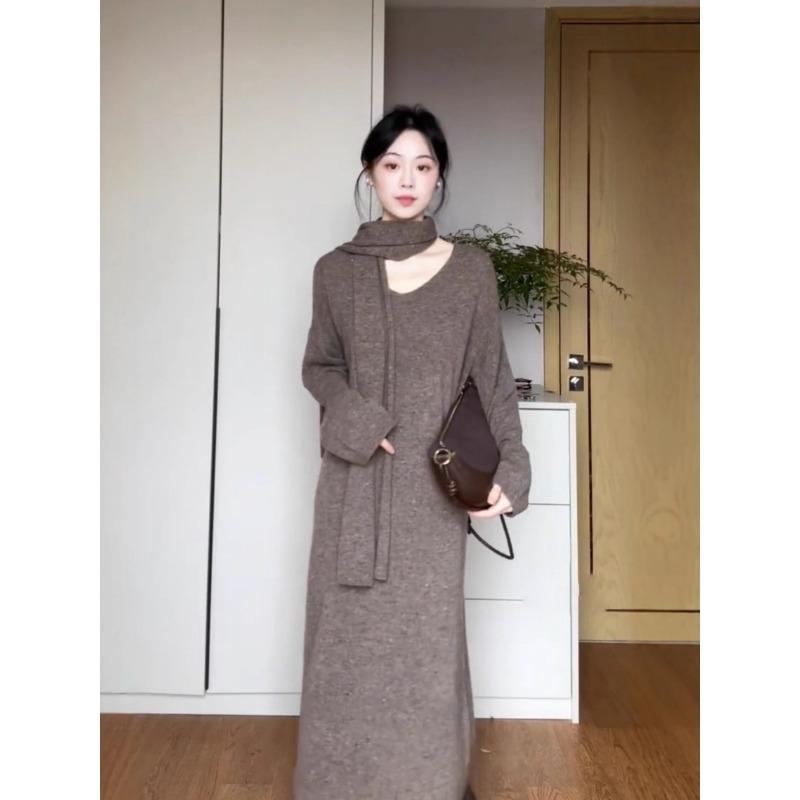 

Простое и универсальное вязаное платье для женской осени и зимы, новый свободный и ленивый стиль, с подкладкой-свитером для пальто, длинное платье XL