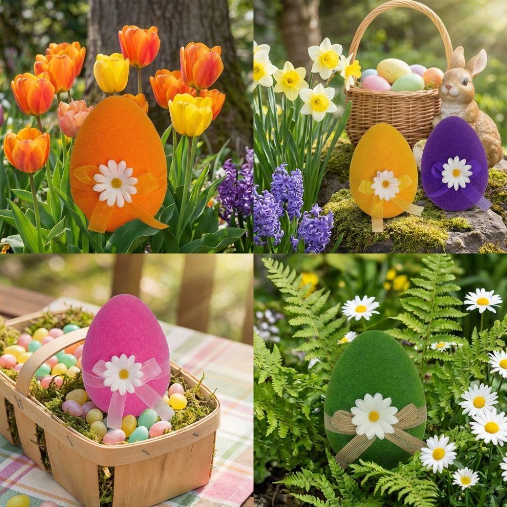 Foam Flocked Easter Eggs with Flower Bow Lifelike Easter Egg Ornaments Colorful Artificial Easter Party Decoration