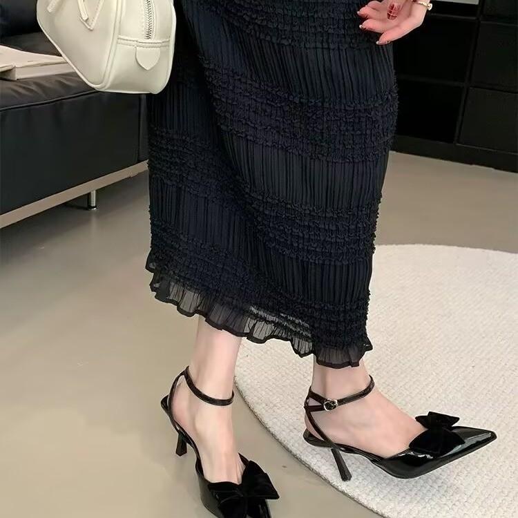 2025 summer new sandals women's pointed head bow bag head word buckle thin heel gentle high heel sandals
