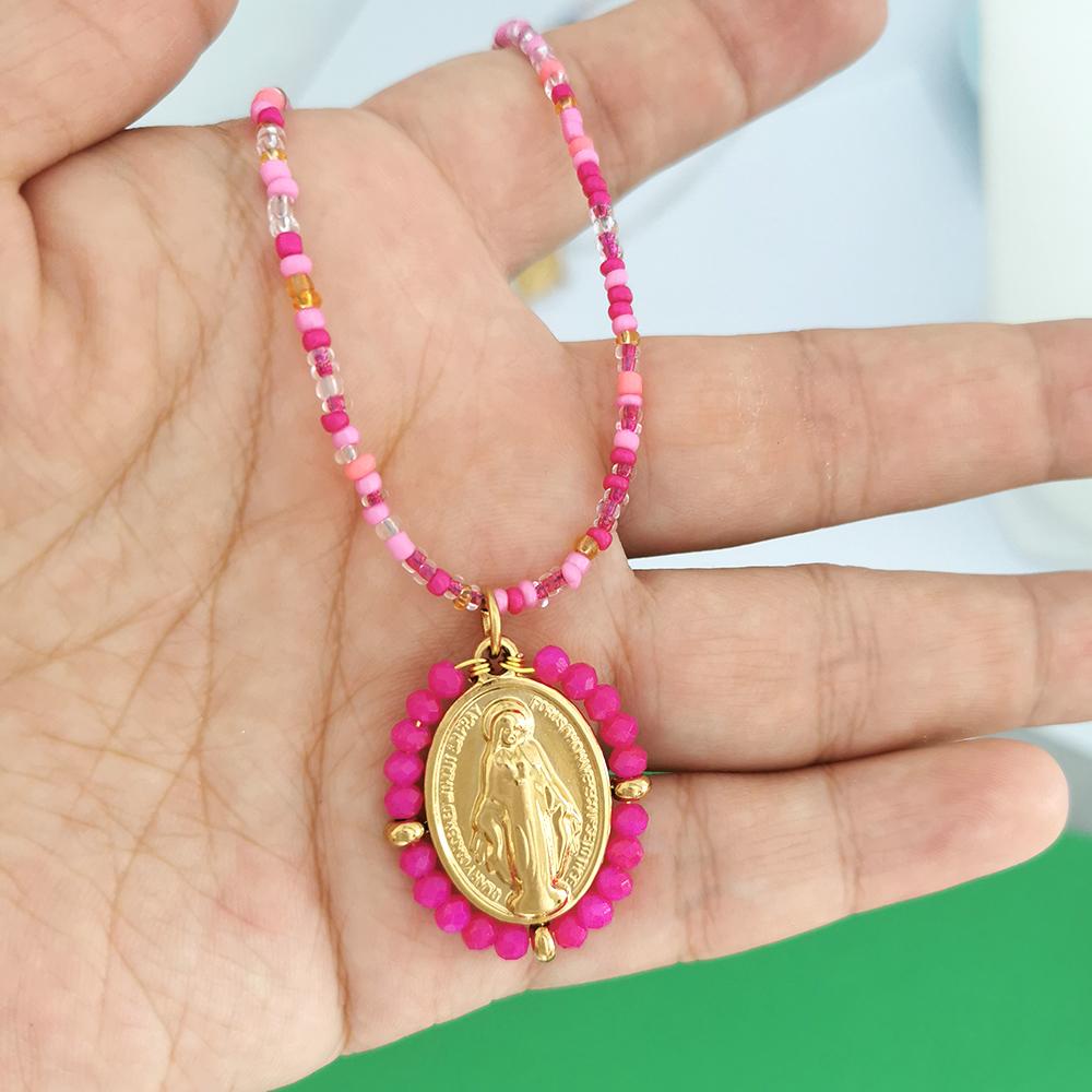 

QMHJE Virgin Mary Stainless Steel Pendant Charm Necklace Women Choker Beads Chain Gold Silver Color Rainbow Colorful Jewelry