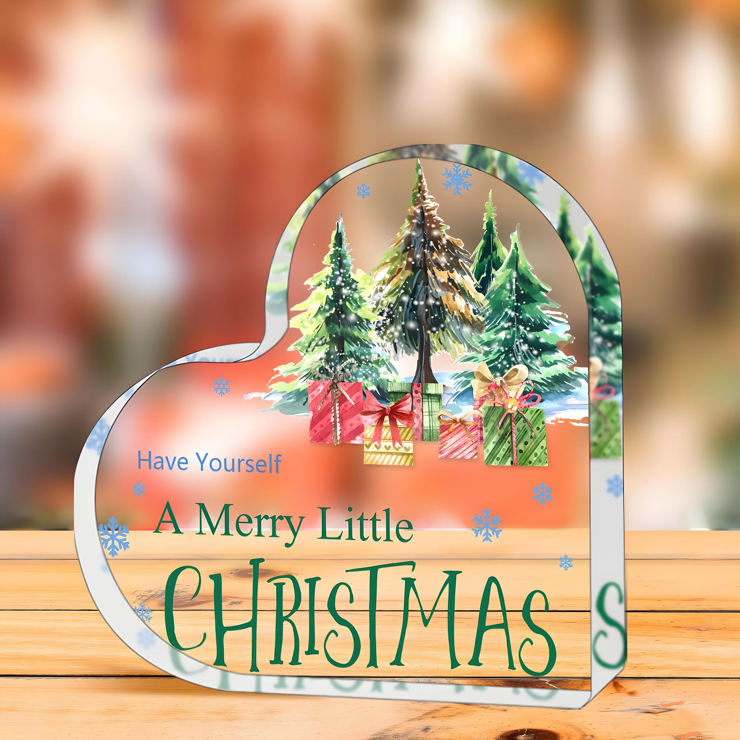 

1pc Heart-Shaped Acrylic Christmas Tabletop Ornament with Festive Pine Trees & Gift Design - Multifunctional Holiday Decoration for Home 10*10cm