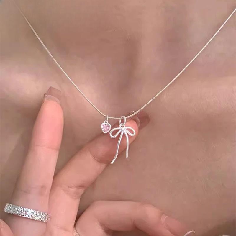 Pink Bow Pendant Necklace, Women's Sweet and Elegant Style, Classic and Simple Personality, Engagement Jewelry, Preferred Gift Giving