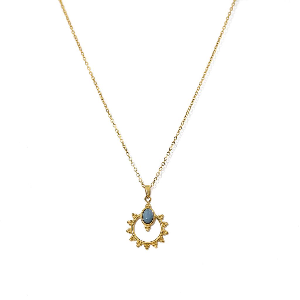 Blue Natural Stone Geometric Pendant Necklace Vintage Court Style Hollow Carved Clavicle Chain Titanium Steel Necklace