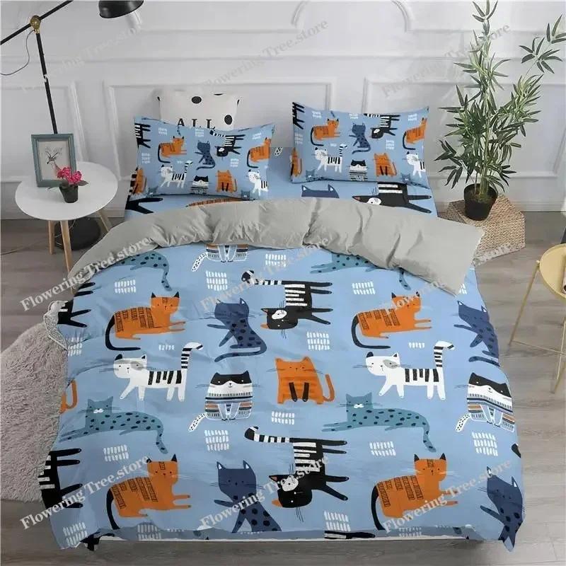 Cartoon-Bettwäscheset mit niedlichen Katzen, bedruckt, 3D-Bettbezug-Set, Twin Full Queen King Double Size, Kissenbezug, Bettwäsche aus weichem Polyester