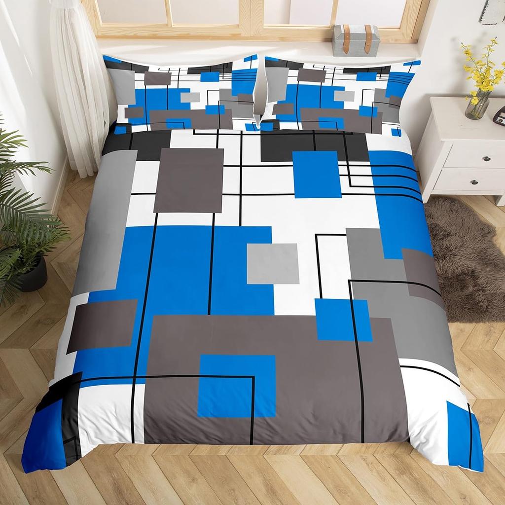 Geometrisches Gitter Bettbezug Twin Full Queen Geometrisches Quadrat Steppdeckenbezug Modern Abstrakt Linien Bettwäscheset Mit 2 Kissenbezügen