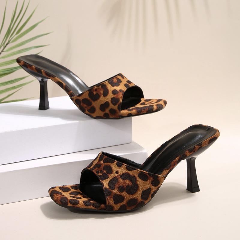 Women's Summer Stiletto Square-Toe Leopard-Print Slide Sandals, Sexy European High-Heel Footwear, Available In Large Sizes.