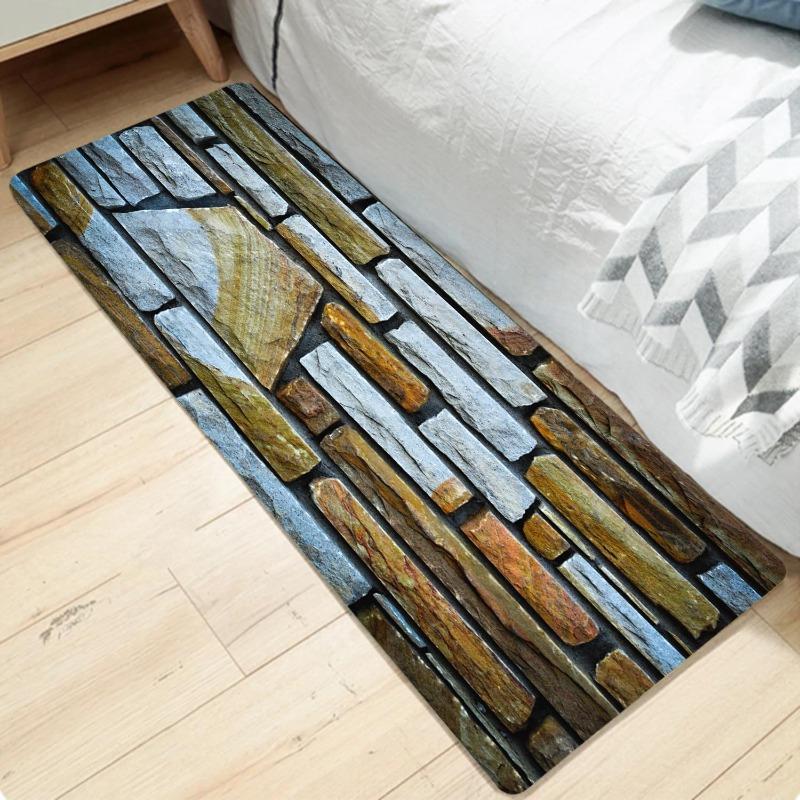 Natural Stone Mosaic Runner Rug Multicolor Stone Pattern Mat Bedroom Bedside Carpet Rustic Stone Wall Design Anti-slip Decor Rug