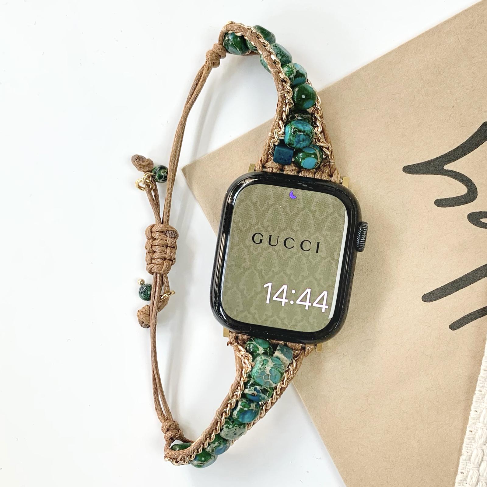 

For Apple Watch 10 46mm/Ultra 2/Ultra 49mm/9 8 7 45mm/SE (2023) SE (2022) SE 6 5 4 44mm/3 2 1 42mm Watch Band Stones Braided Bracelet Green