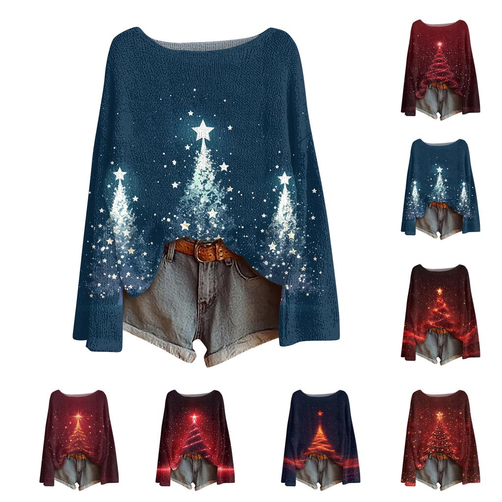 Ladies' Fashionable Casual Long Sleeved Christmas Printed Round Neck Knitted Yarn