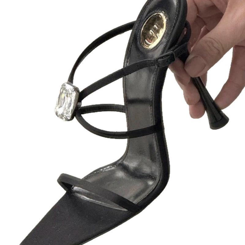 Spring new rhinestone buckle square head word sexy black high heels women's satin fashion cross with open toes