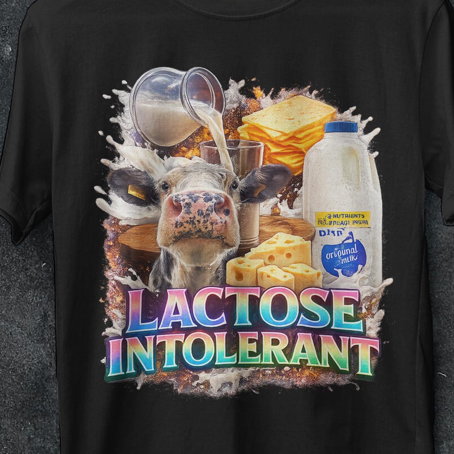 Lactose Intolerant, Vintage Shirt, Cringy Shirts, Gen Z, Humor Lactose Intolerant shirt, milk joke shirts, bootleg, cow shirt, cat, gifts M