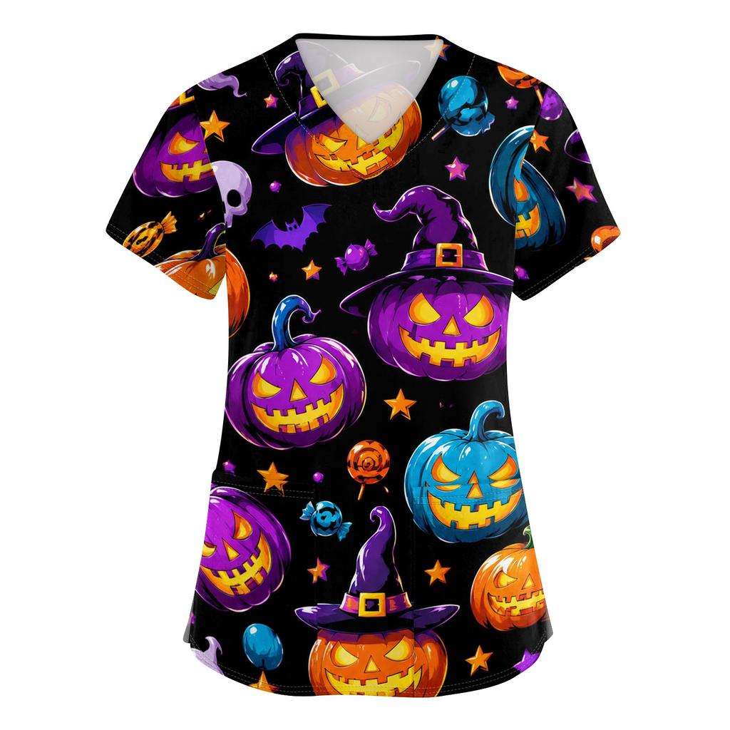 Womens V Neck Halloween Print Short Sleeve Scrub Top with Pocket Side Slit Medical Uniform Shirt for Healthcare Professionals