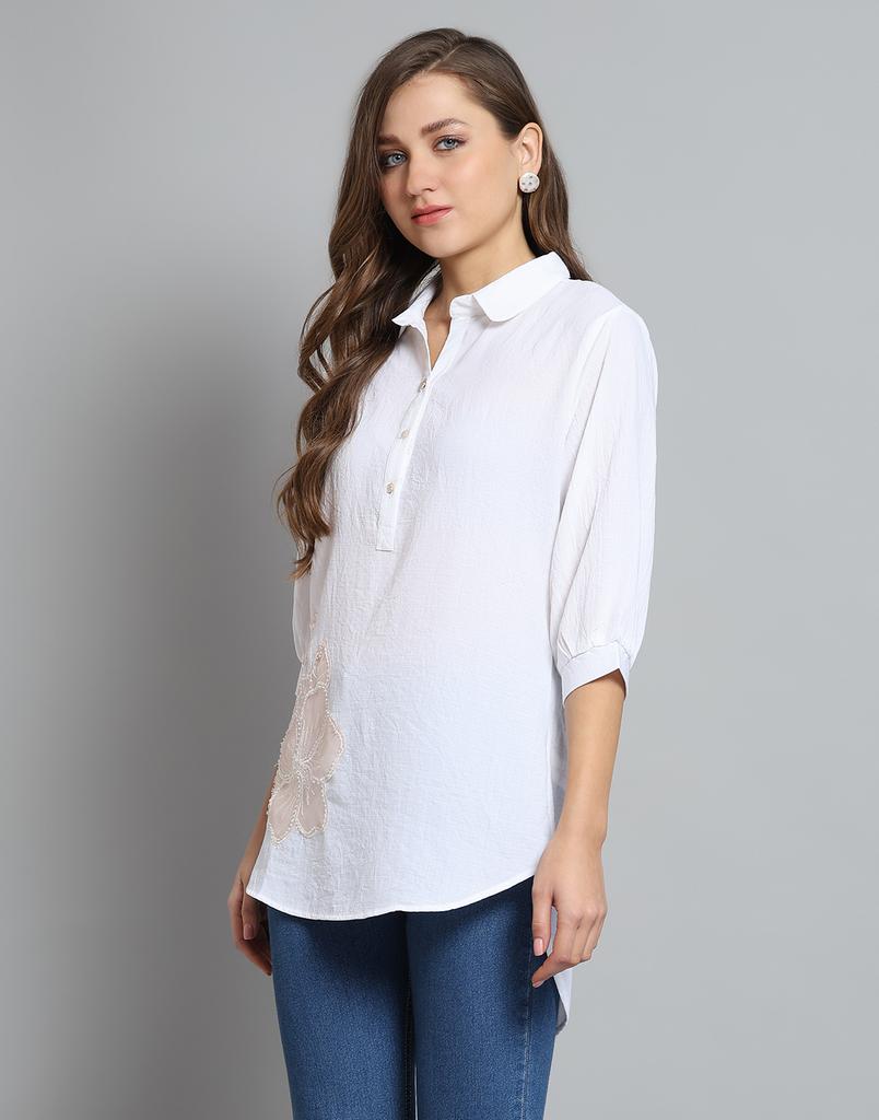 Monte Carlo Womens Self Design White Collar Neck 3/4 Sleeve Top