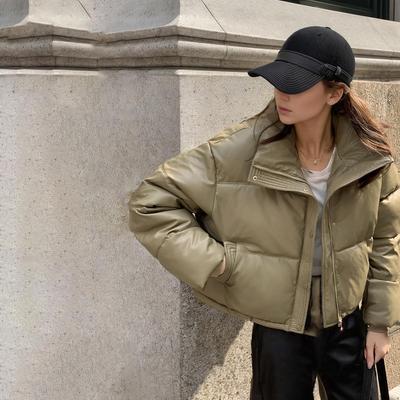 Damen Herbst Winter Kurze Einfarbige PU Leder Verdicken Outwear Lose Baumwolle Gepolsterte Stehkragen Warme Jacke Mantel