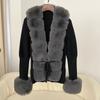 Autumn Winter Women's Fur Coat Patchwork Knitted Sweater Bandage Fur Cardigan Detachable Collar Jacket Faux Fur Coat