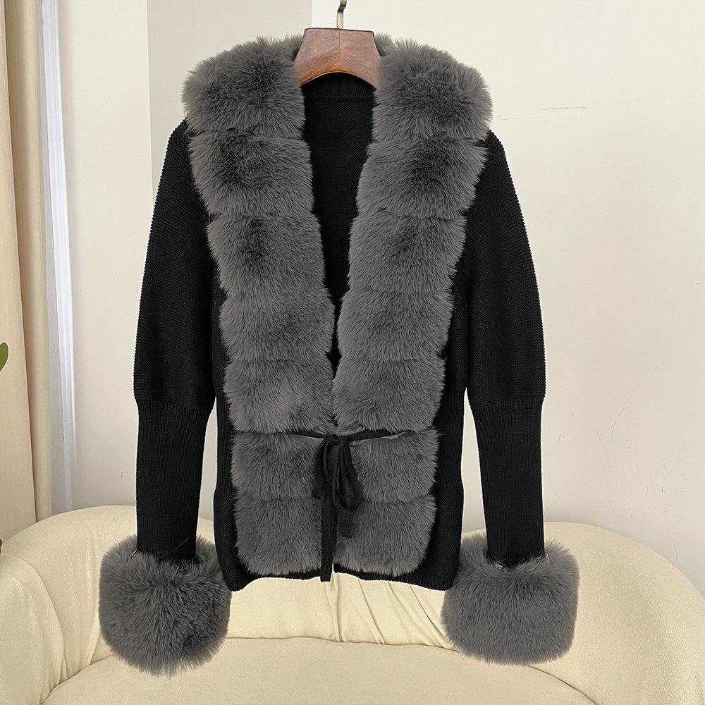 Autumn Winter Women's Fur Coat Patchwork Knitted Sweater Bandage Fur Cardigan Detachable Collar Jacket Faux Fur Coat