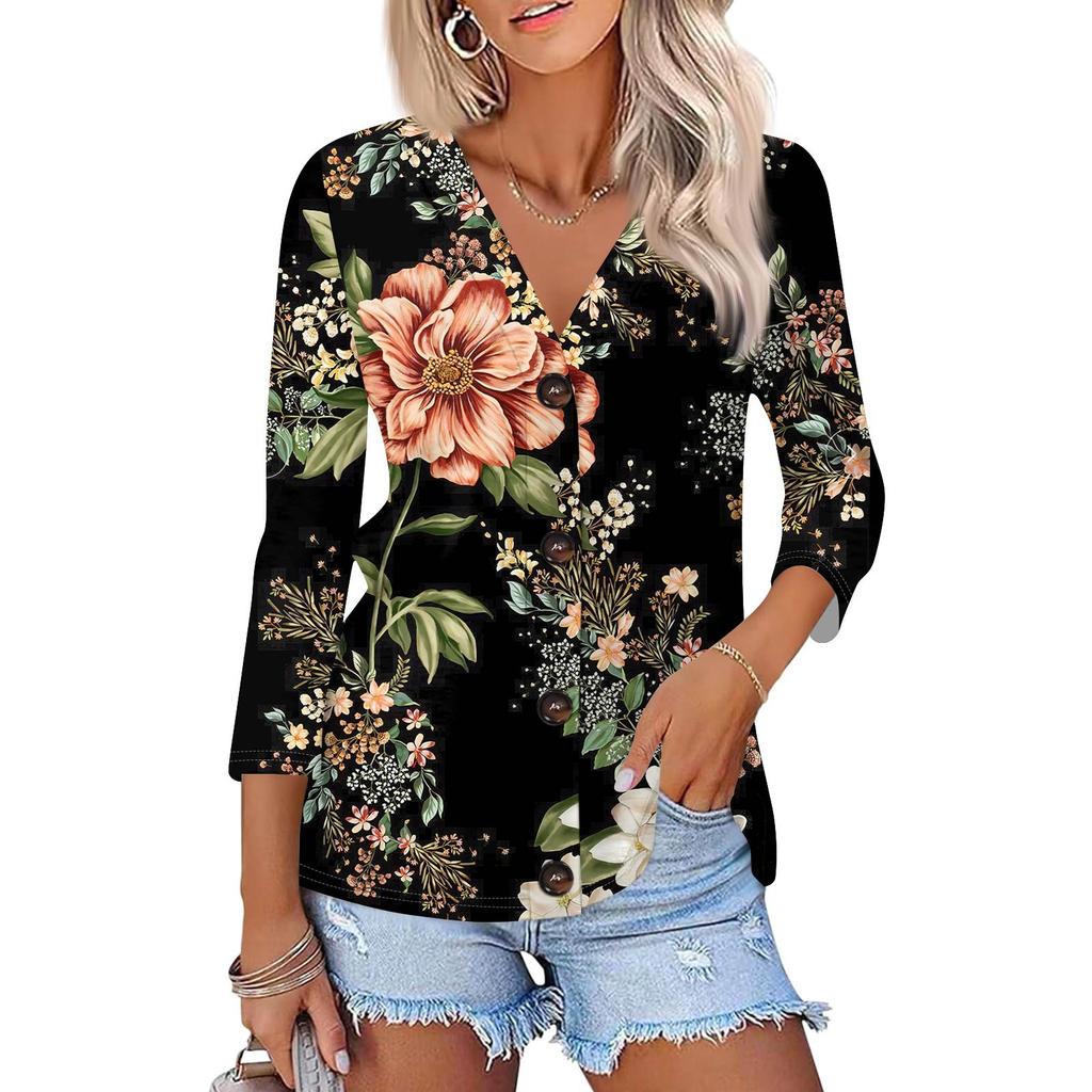 Women's Fashion Casual Printing Button-down Shirt 3/4 Long Sleeve Tops