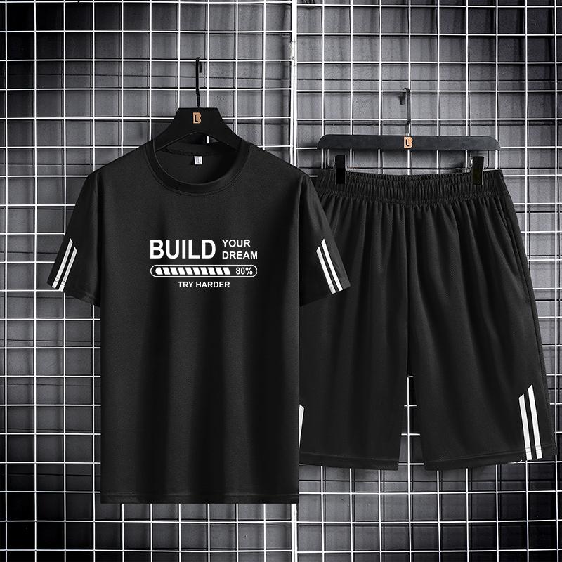 Ice Silk Quick Drying Sports Set Couple Three Bars Summer Thin Breathable Trendy Printed Short Sleeve Shorts Set of Two