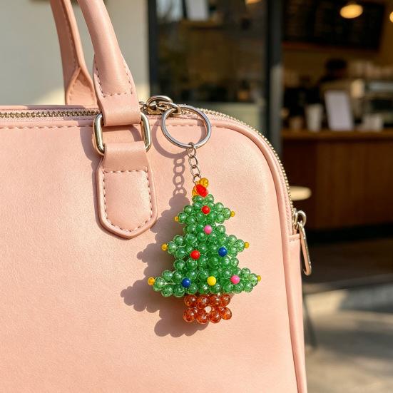 Decorative Bead Art for Home Christmas Tree Keychain, Faux Crystal Beaded Xmas Pendant, Decoration Hanging 3D Holiday Key Ring Charm Accessory
