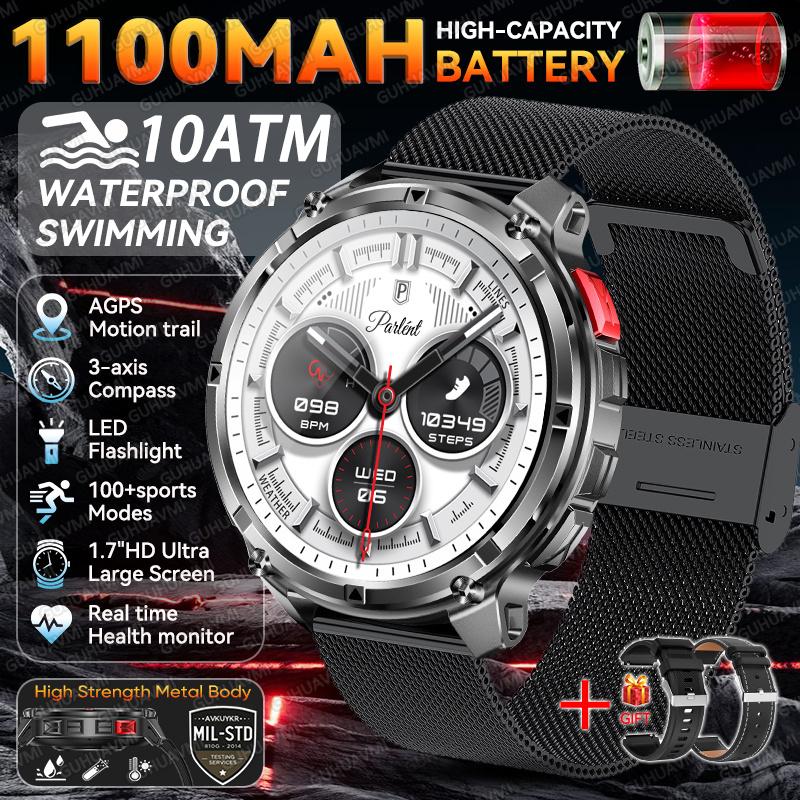New Military Men 1100mAh Durable Battery Smart Watch With GPS Compass 10ATM Waterproof 1.7"AMOLED Screen Outdoor Swim Smartwatch