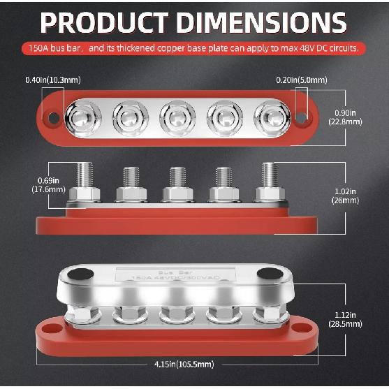 Bloco de Distribuição de Energia DaierTek com Barra de Barramento 12V com Tampa 5 x Terminais de Pino 1/4" Bloco Terminal Máx. 150A 48VDC Positivo Negativo para Automóvel