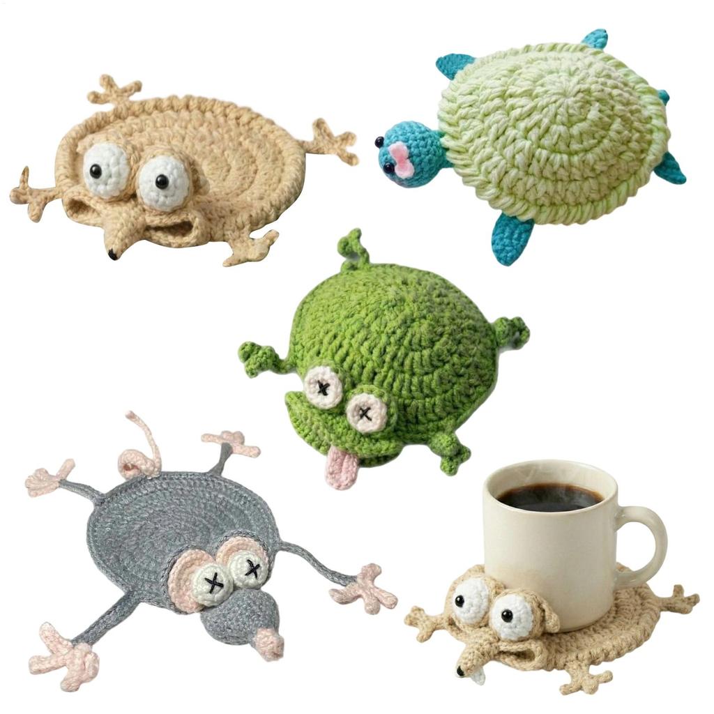 4Pc Animal Design Crochet Coasters Handmade Cup Mat Table Decor for Coffee Table Dining Room Kitchen Home Desktop Protection Pad