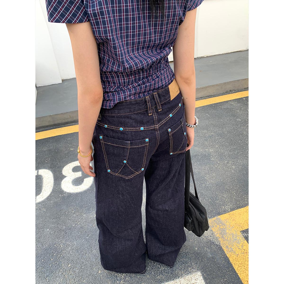 

2025 Unisex Retro Turquoise Denim A-line Wide Leg Jeans 2XL темно-синий