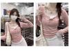 Korean Style Autumn Floral Lace Color-Block Button Shirt: Women's Long Sleeve Two-Piece T-shirt