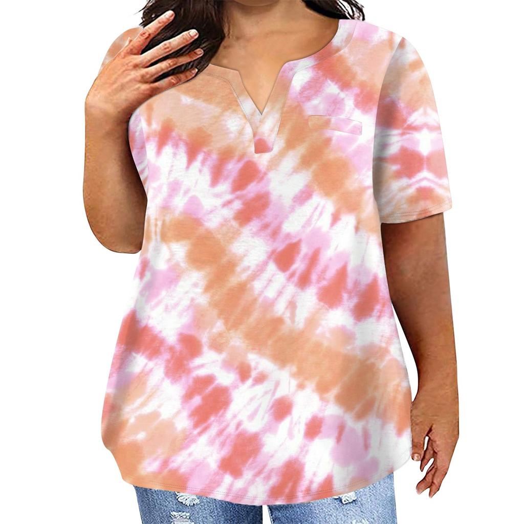T-shirt décontracté à manches courtes et col en V pour femme, grande taille, imprimé tie-dye, avec poches