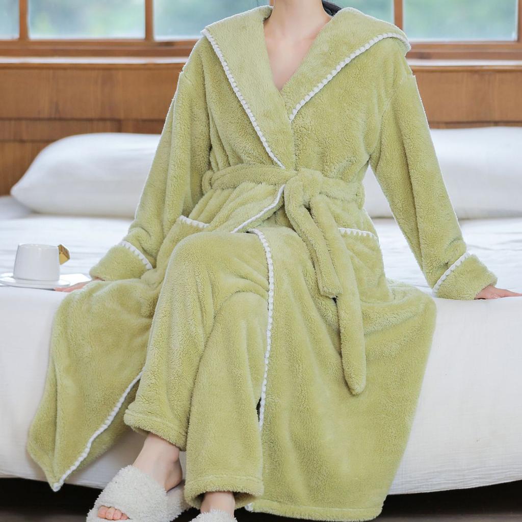 Plush Coral Fleece Sleepwear Two Piece Set Winter Thick Long Robe Pajamas Hooded Bathrobe Nightgown Loose White Flannel Homewear