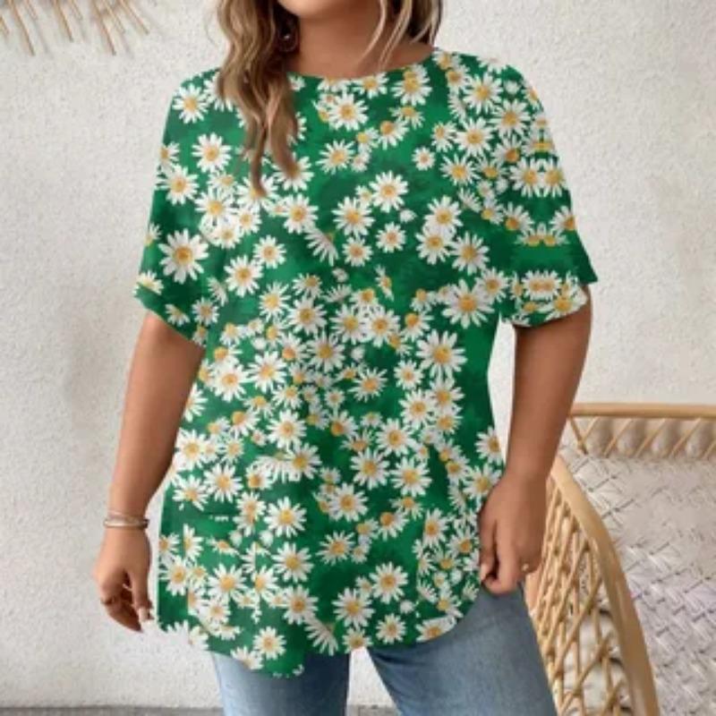 

Летний топ с круглым вырезом и принтом 3D-цветочного узора, модная повседневная женская футболка больших размеров с коротким рукавом 7XL