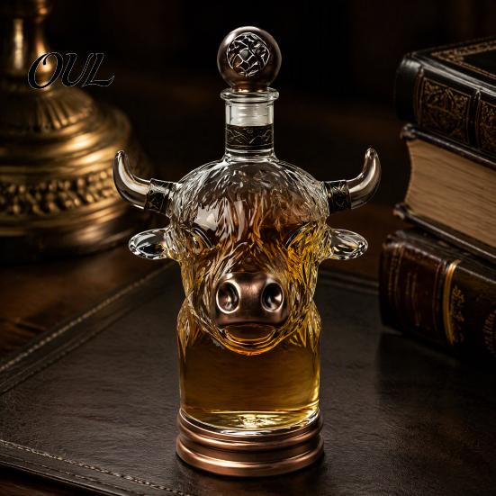 Bauernhaus Stil Glas Vitrinenflasche Schottische Hochlandkuh Whiskey Karaffe, Einzigartiger Kopf Spirituosen für Nachfüllbarer Behälter Hausbar, 350ml Rustikale Aufbewahrung