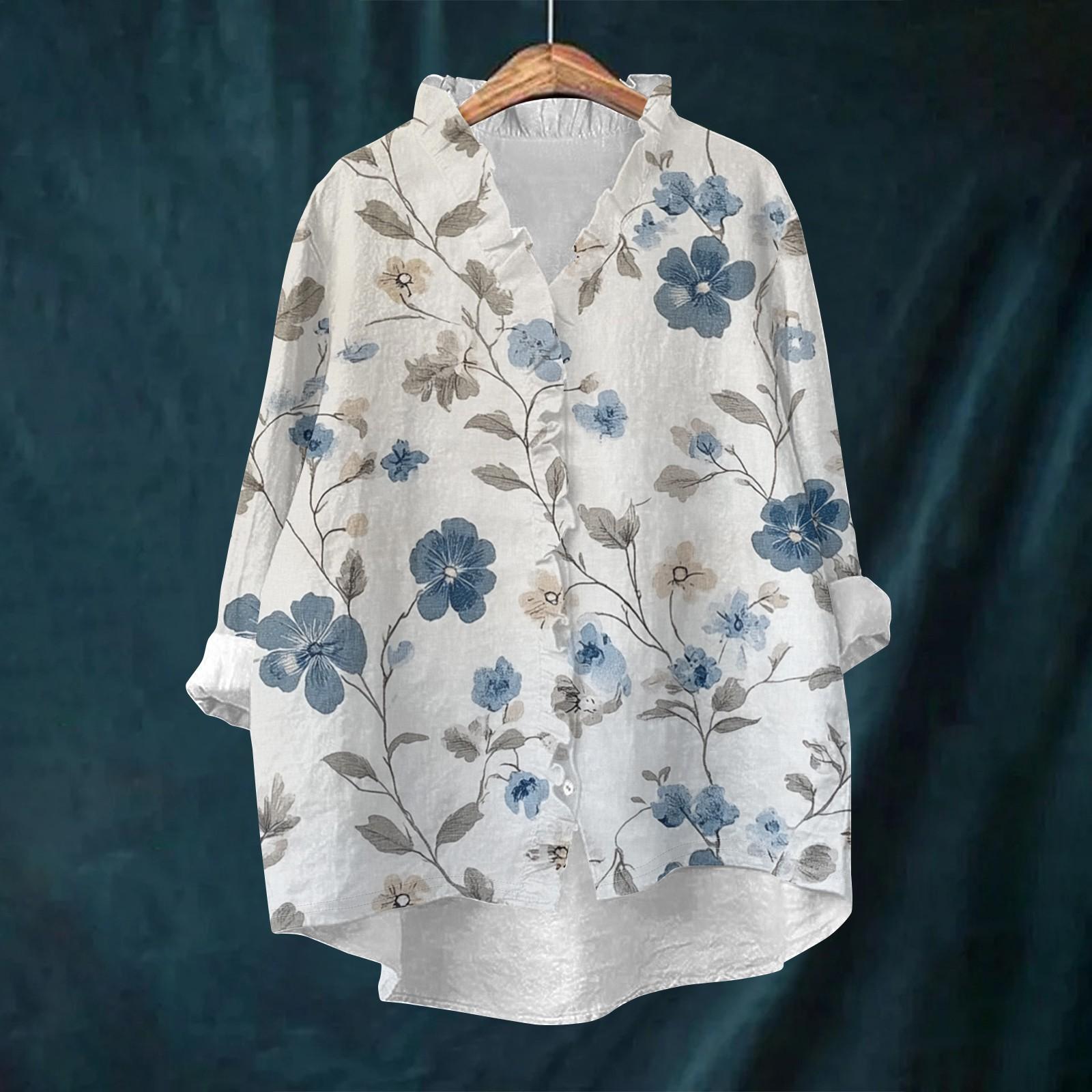 

Women s Loose Ruffled Retro Floral Print Stand Collar Long Sleeve Cotton And Linen Top XL небо синє кольору