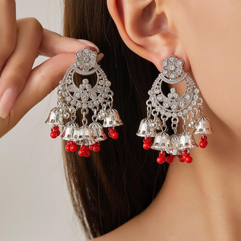 Vintage Bohemian Diamond Bells Tassel Flower Earrings, Ethnic Style Personality Geometric Hollow Holiday Earrings