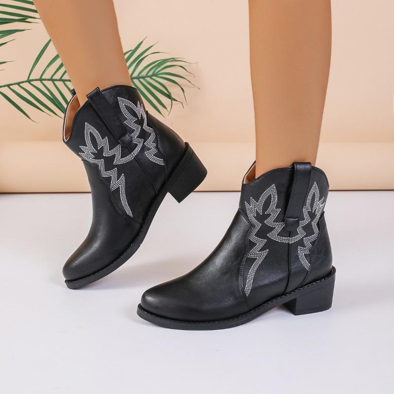 Fashion Women's Boots Luxury Pointed Leather Boot Retro Embroidery Western Cowboy Boots for Women Chunky Heels Knight Boots Ankle Botas